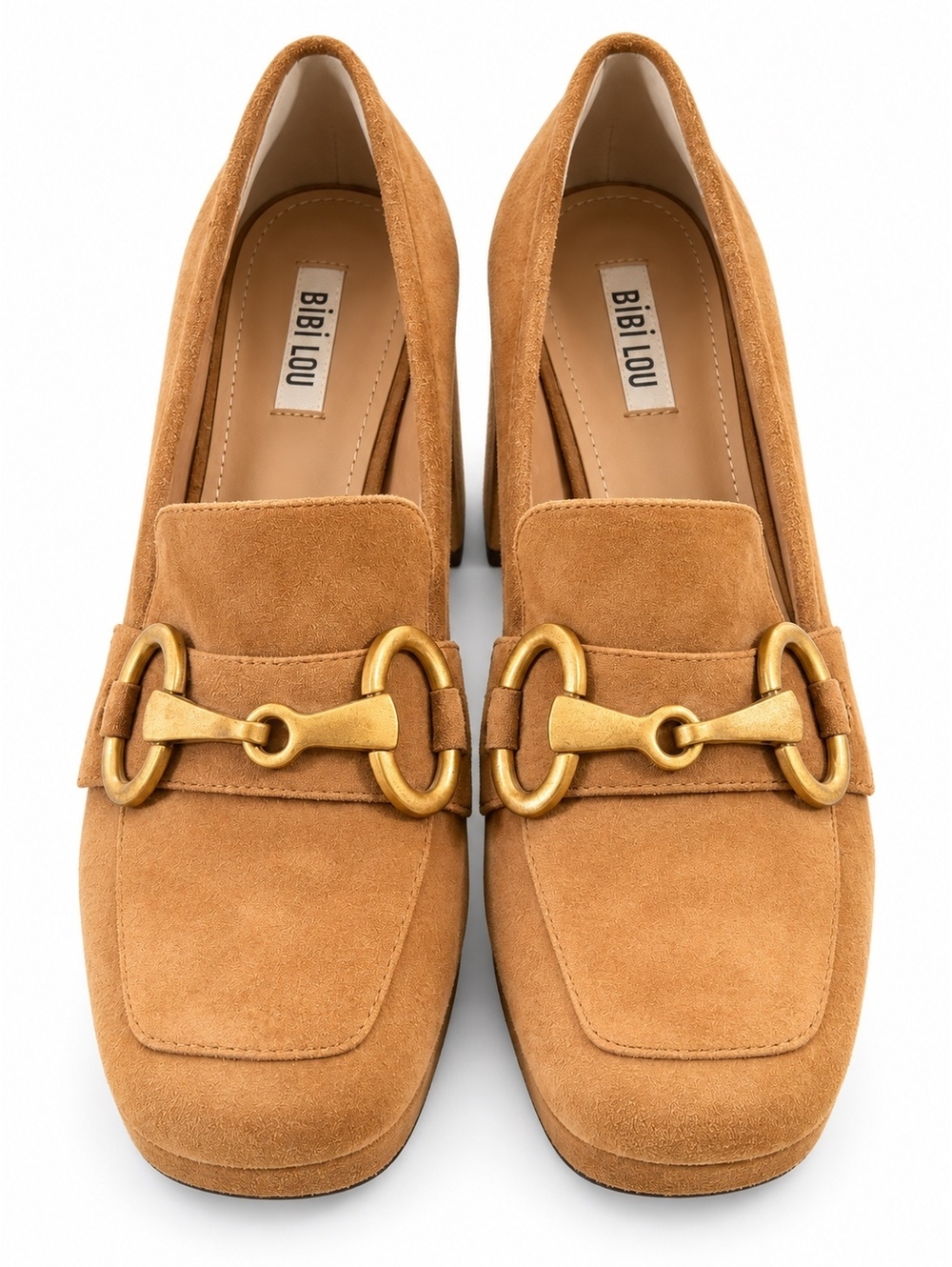 Bibi Lou Women's Tan Suede Block Heel Loafers with Gold Hardware